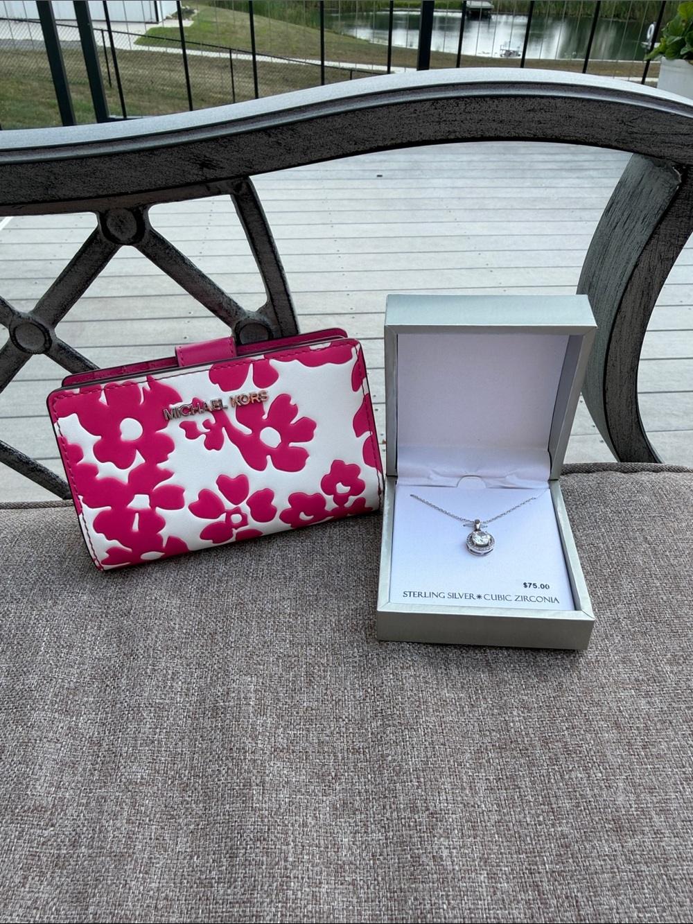 Michael Kors White & Hot Pink Floral Print Wallet & Sterling Silver CZ necklace